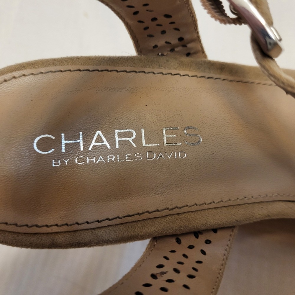 Charles by Charles David Beige Tan Cork Wedge Laser Cut Strappy Sandals 9M - Picture 8 of 10